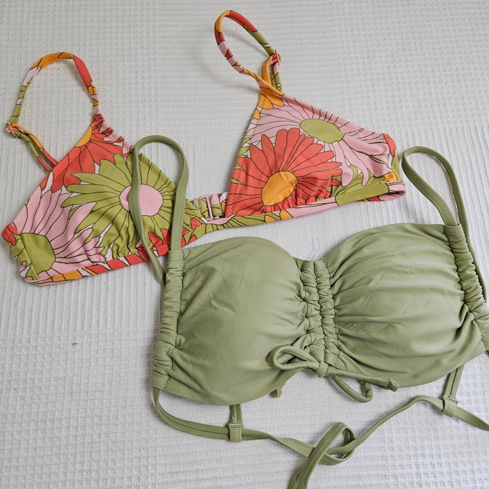 Aerie‎ 2pc Bikini Top Mod Floral Triangle & Cinch Bandeau Sz M Pink Coral Green
